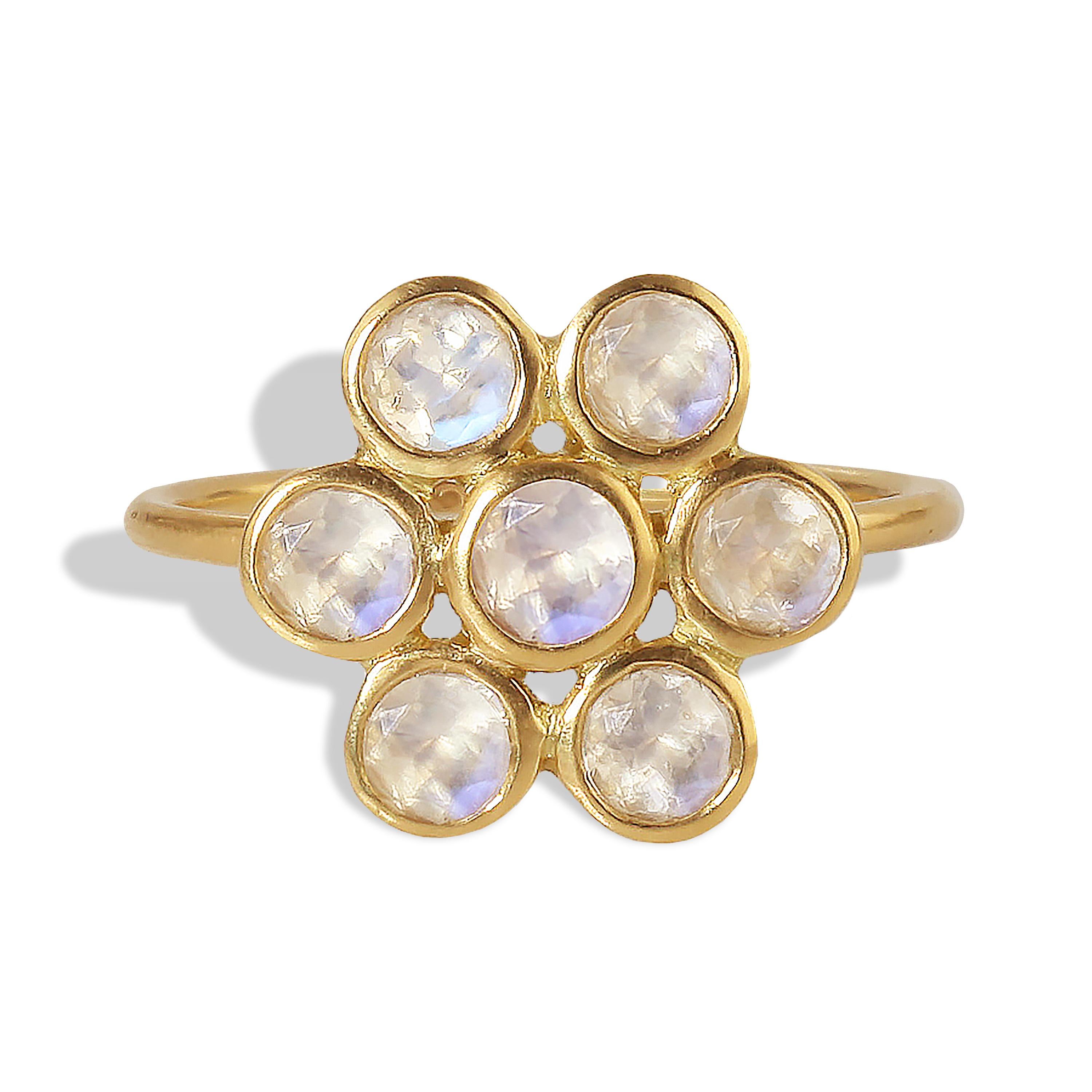 This delicate ring features 1.2 carats of faceted Rainbow Moonstone set in 20k matte yellow gold.

Moonstone is the sacred stone of India. According to other legends,  Moonstone can give gifts of prophecy and clairvoyance to the wearer. It could