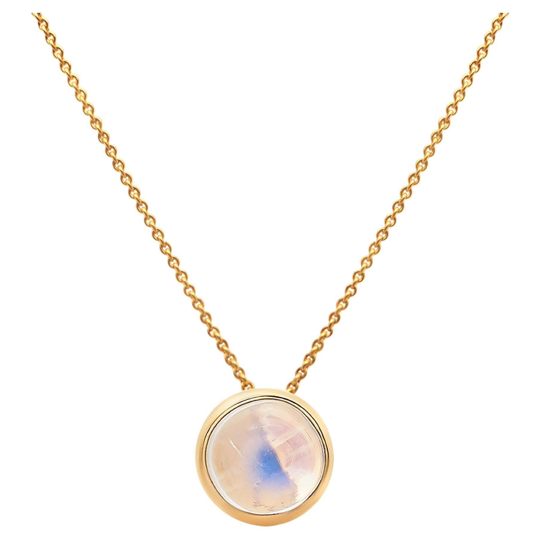 Rainbow Moonstone Round Pendant in 18K Yellow Gold For Sale