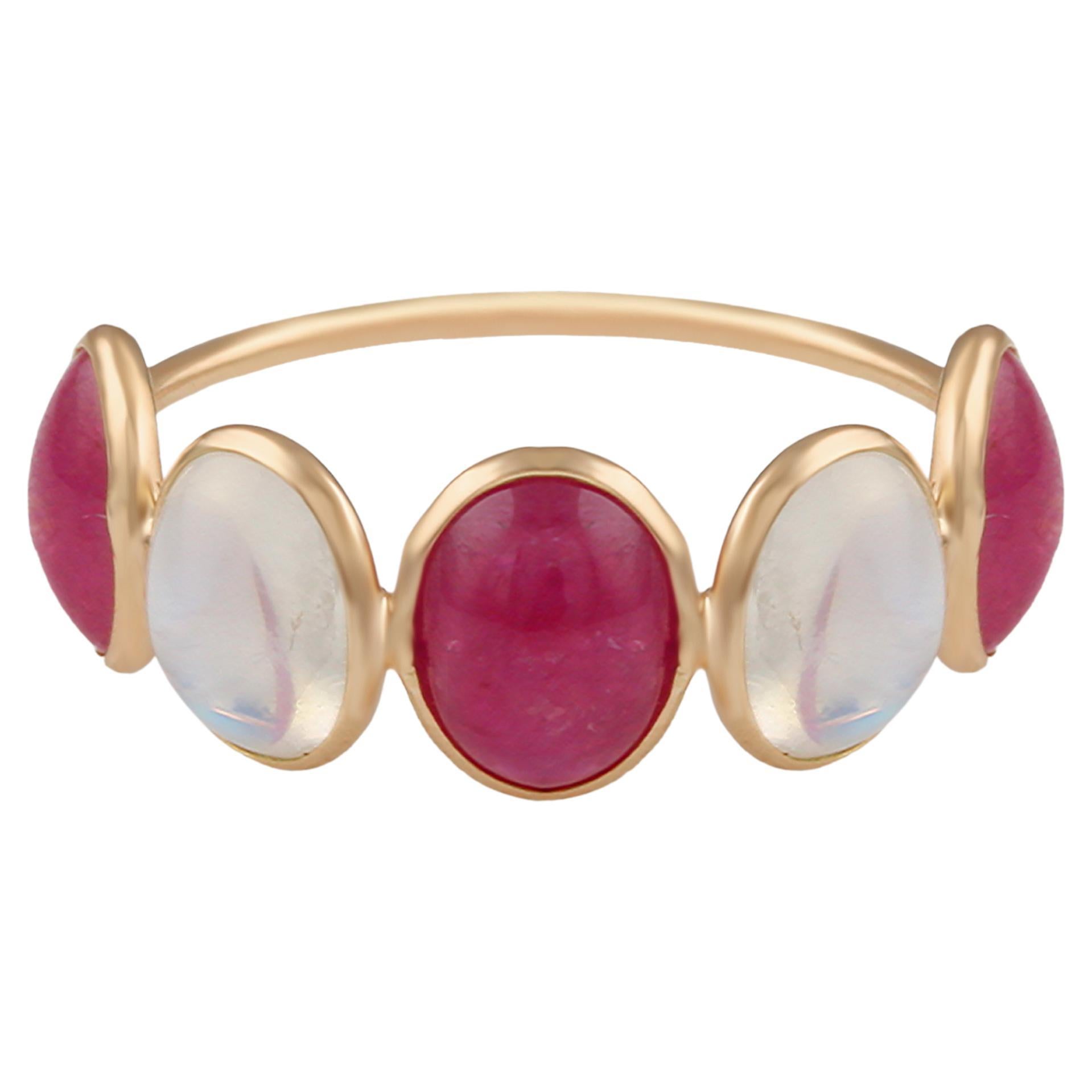 Rainbow Moonstone & Ruby Oval Ring In 18K Yellow Gold