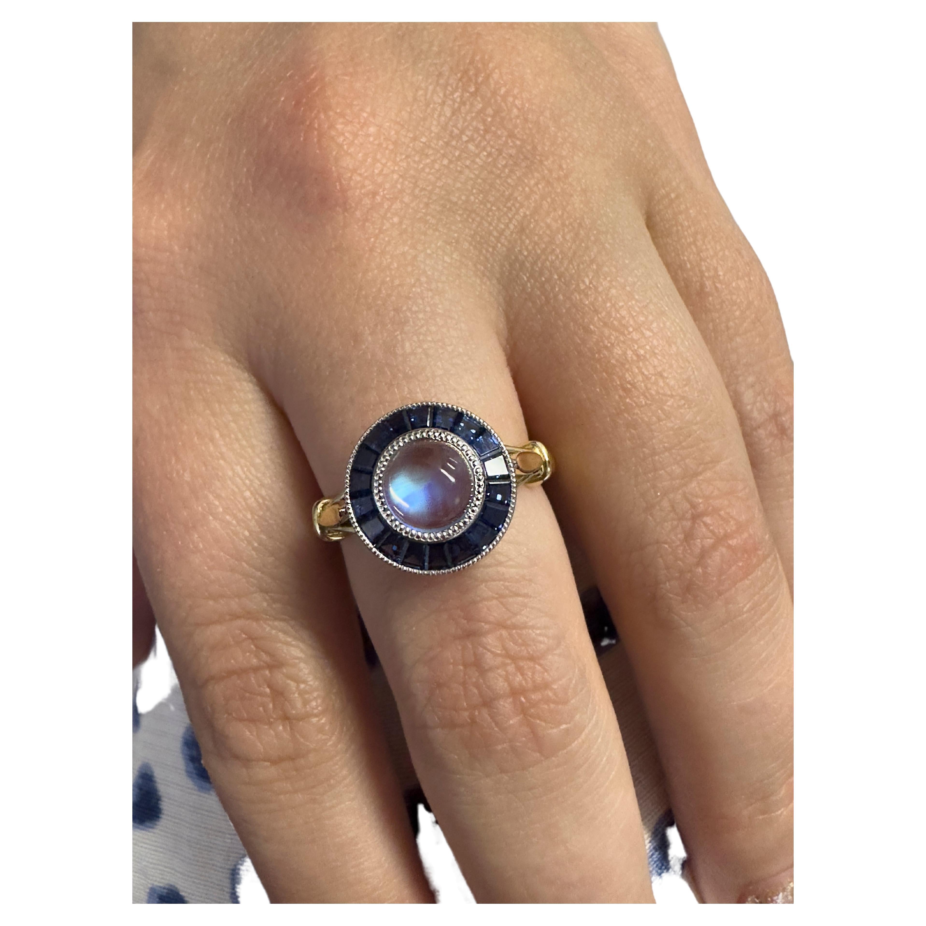 Rainbow Moonstone and Sapphire Target Ring For Sale at 1stDibs
