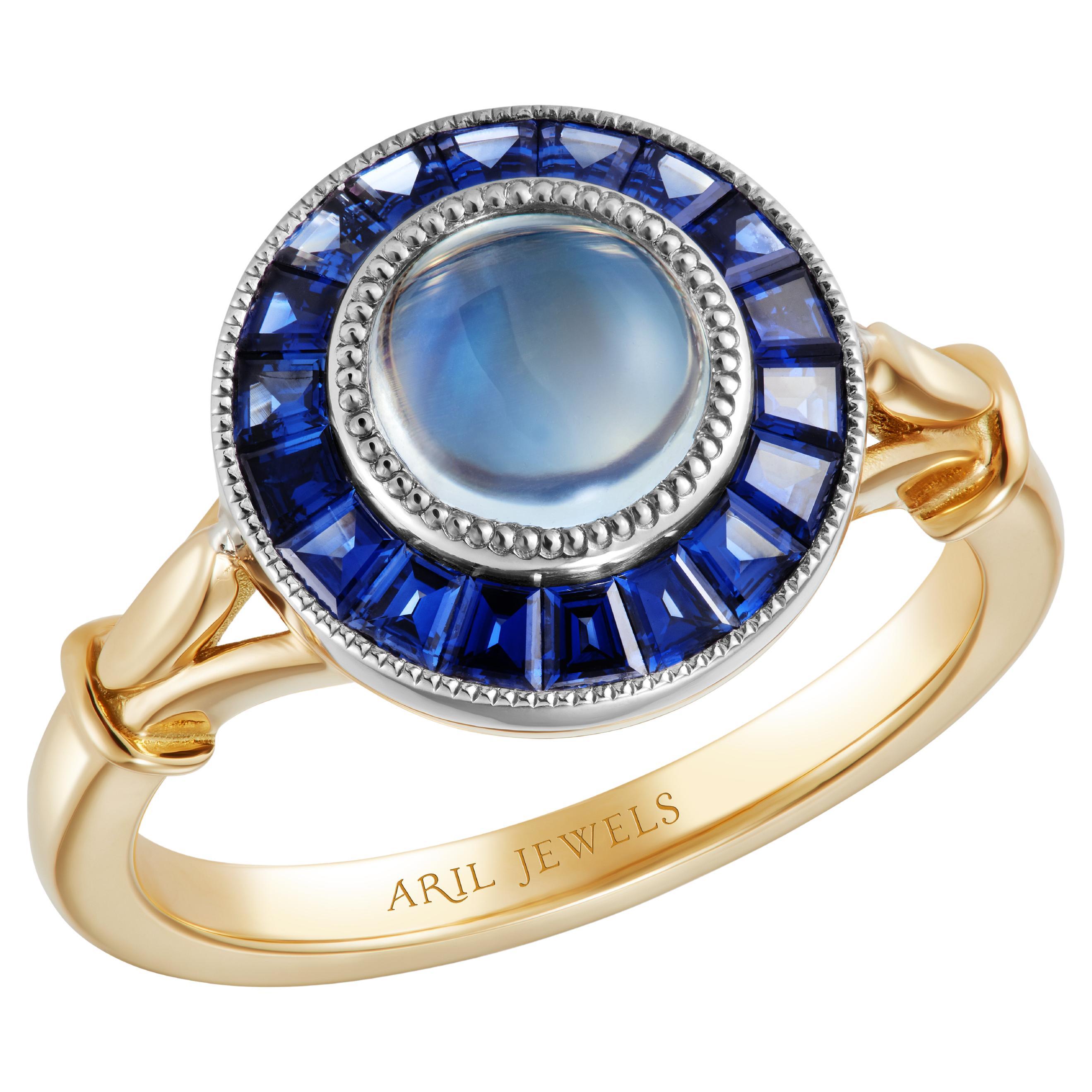 Rainbow Moonstone & Sapphire Yellow Gold & Platinum Target Cocktail Ring