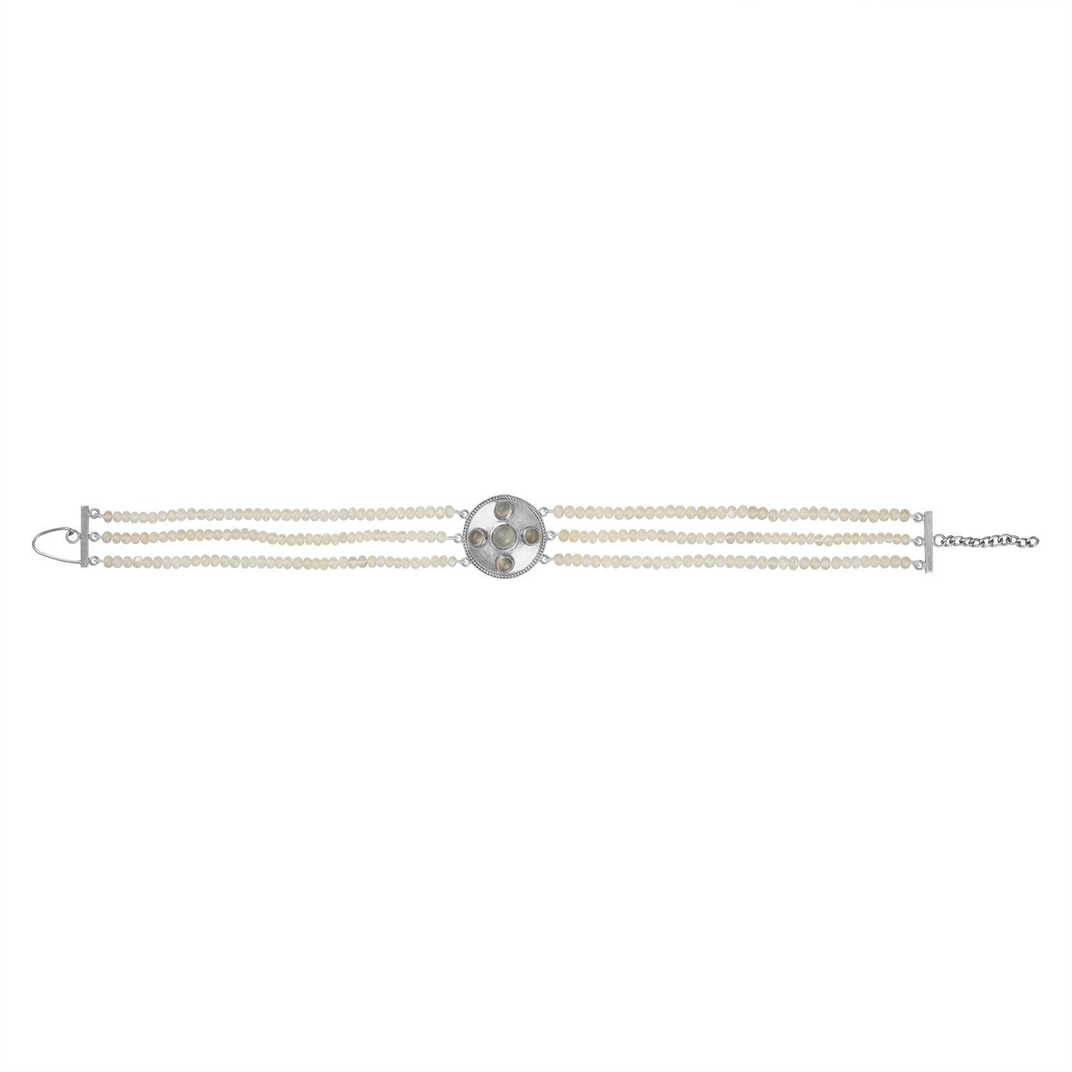 Make a statement with this triple strand rainbow moonstone necklace that is indicative of the Gilded Age times. Channel your inner Consuelo Vanderbilt, the Duchess of Marlborough with this choker that adjusts to most necks.
     * Necklace is three
