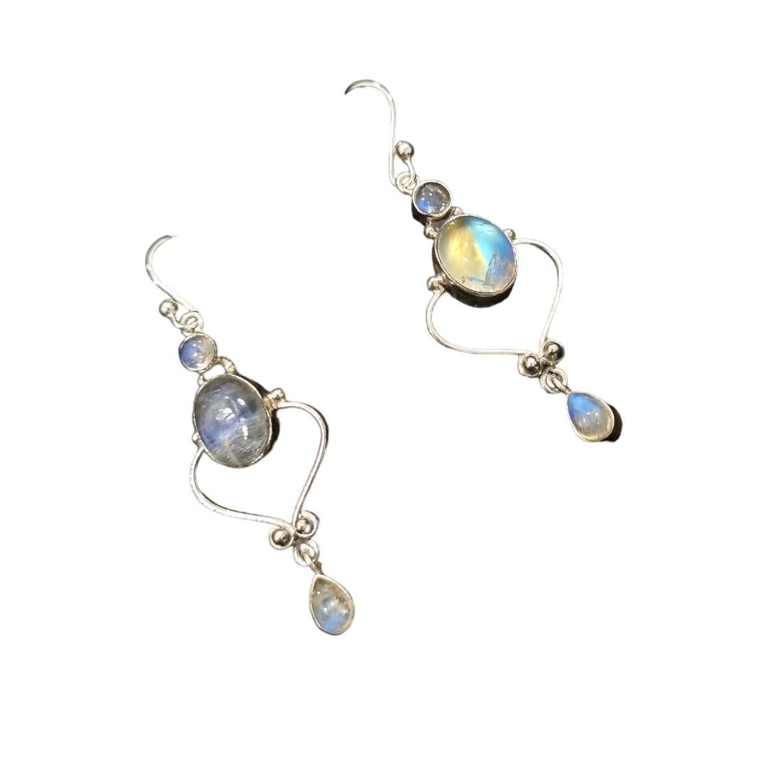 Artisan Rainbow moonstone sterling silver earrings For Sale