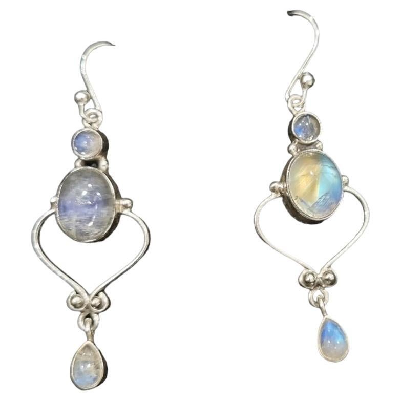 Rainbow moonstone sterling silver earrings For Sale