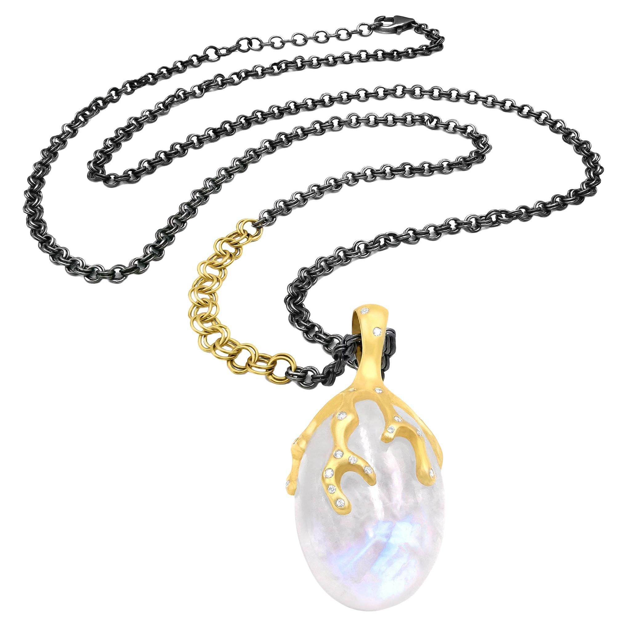 Lange Halskette mit Regenbogen-Mondstein-Weiß-Diamant-Doppelgliedern, Lauren Harper