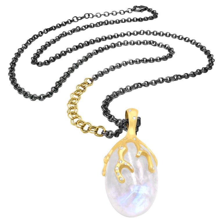 Rainbow Moonstone White Diamond Double Link Chain Long Necklace, Lauren