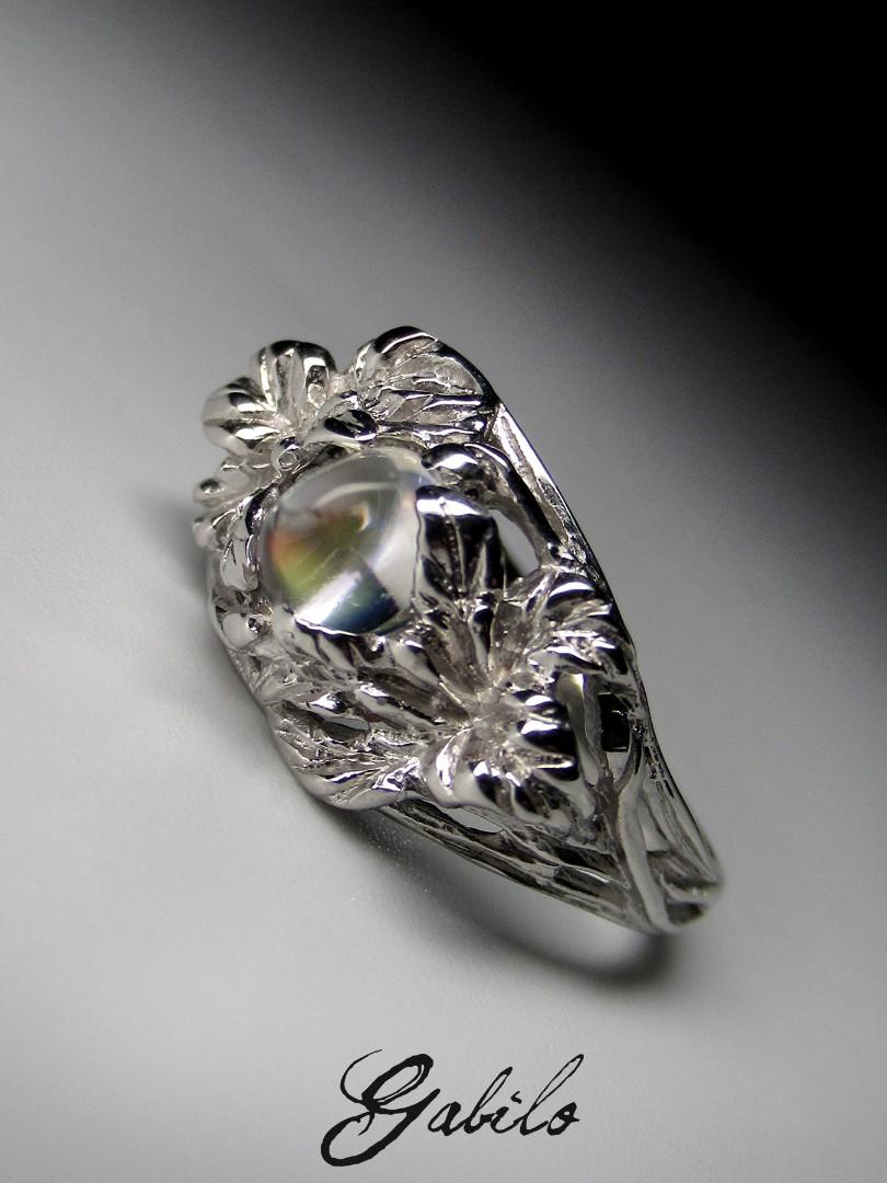 Rainbow Moonstone White Gold Ring Cabochon Natural Gemstone Fantasy Style Unisex 5