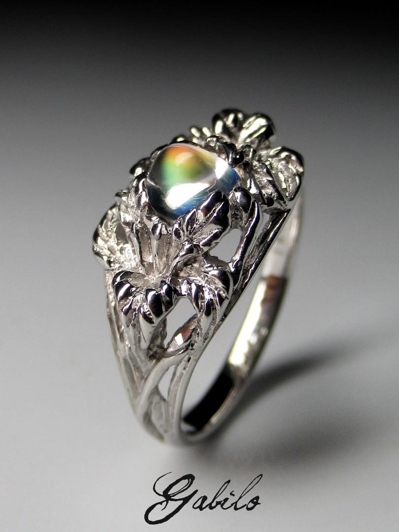 Rainbow Moonstone White Gold Ring Cabochon Natural Gemstone Fantasy Style Unisex 6