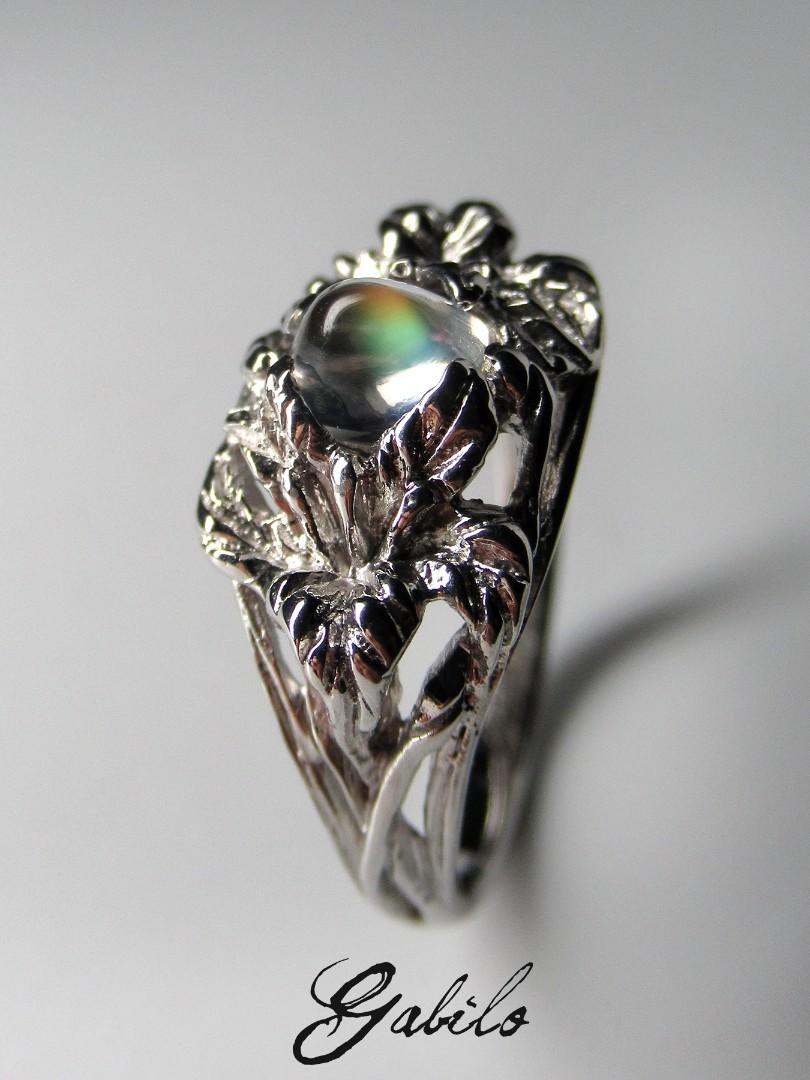 Art Nouveau Rainbow Moonstone White Gold Ring Cabochon Natural Gemstone Fantasy Style Unisex