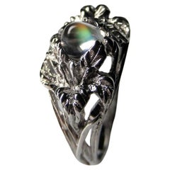 Rainbow Moonstone White Gold Ring Cabochon Natural Gemstone Fantasy Style Unisex