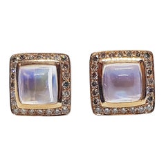 Rainbow Moonstone with Brown Diamond Earrings Set in 18 Karat Rose Gold Settings