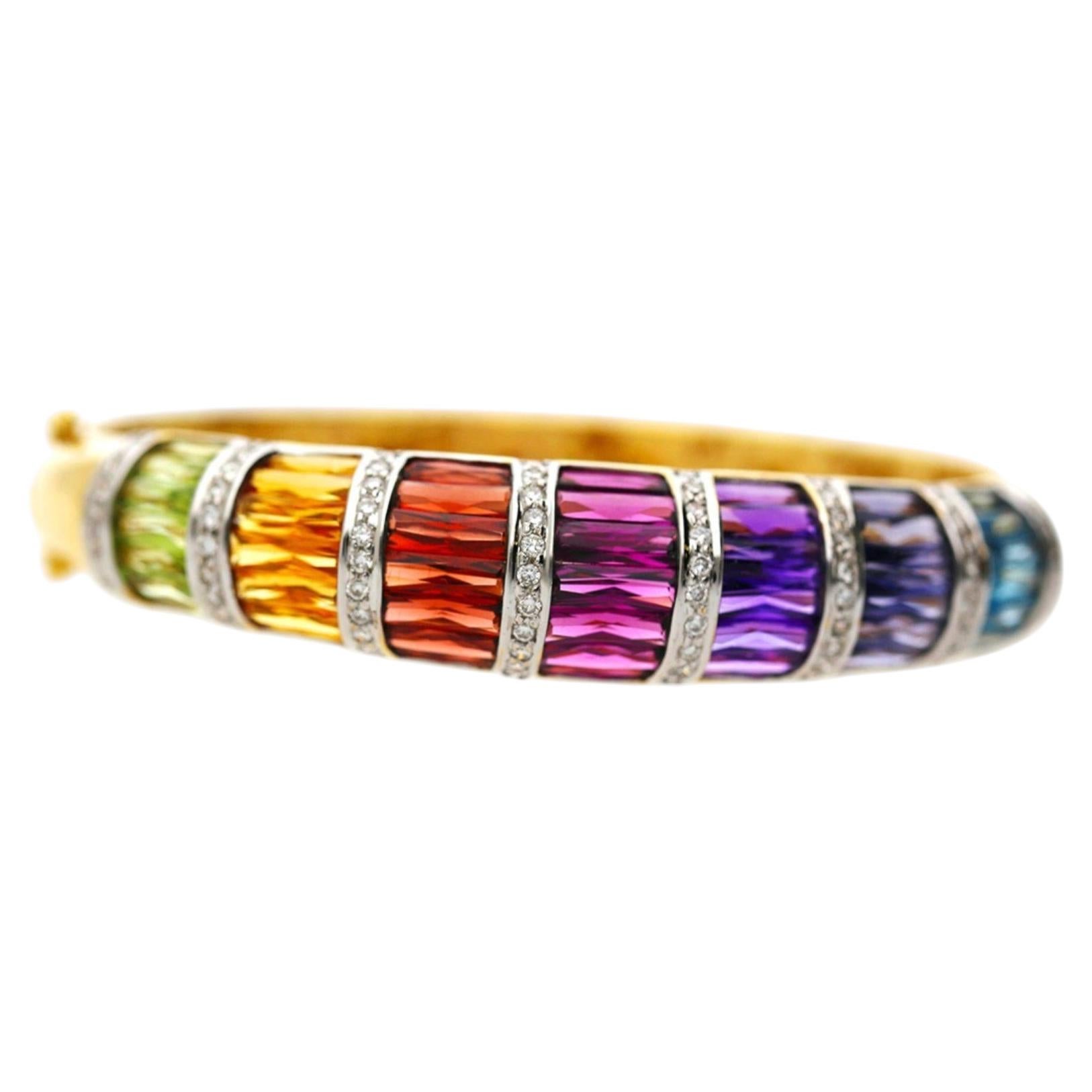 Rainbow Multi-Color Gemstone Baguette 18K Gold Band Bangle Bracelet