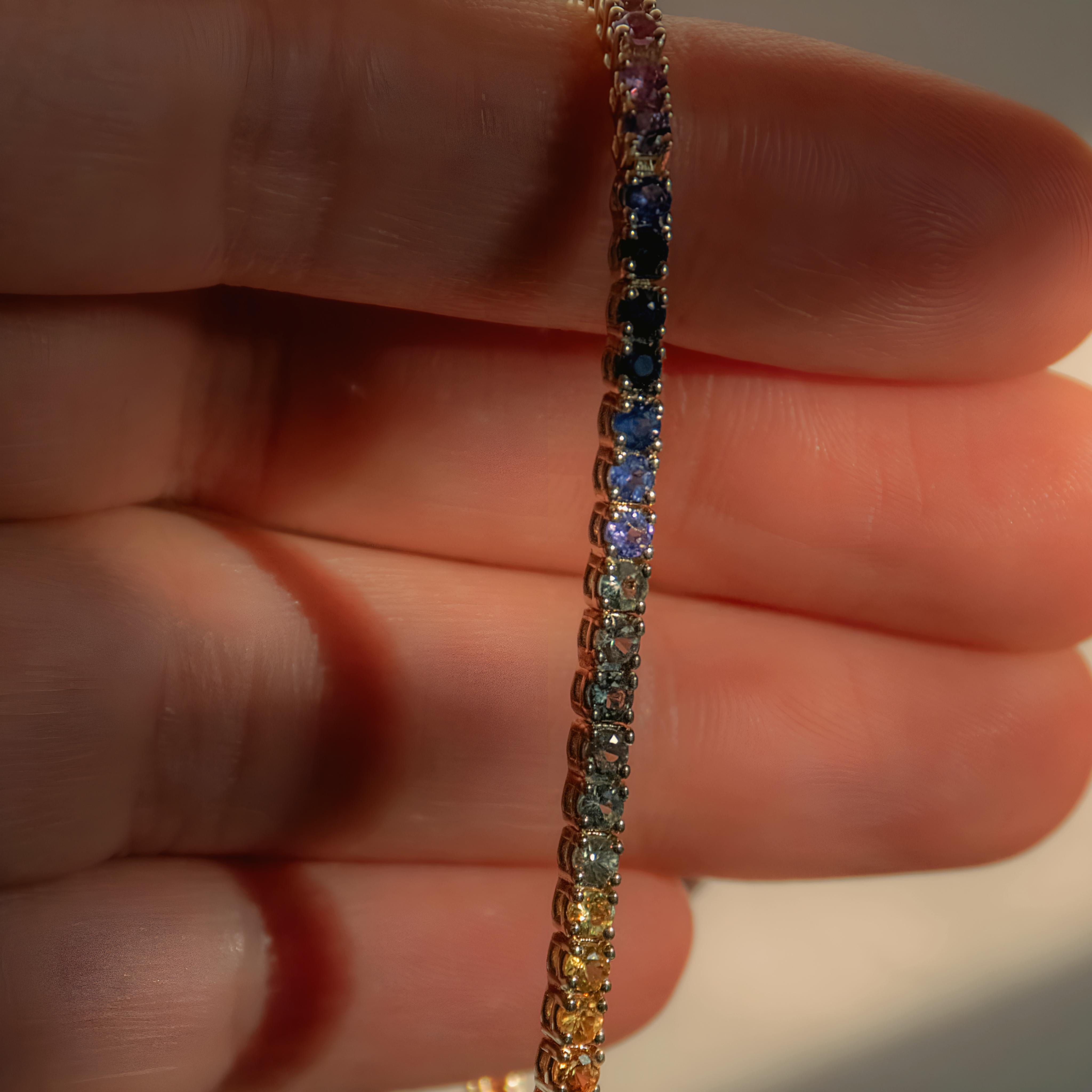 Round Cut Rainbow Multi Color Naturl Sapphire Tennis Bracelet For Sale