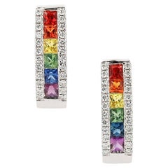 Pendientes Arco Iris Zafiro Multicolor y Diamante Oro Blanco 14k