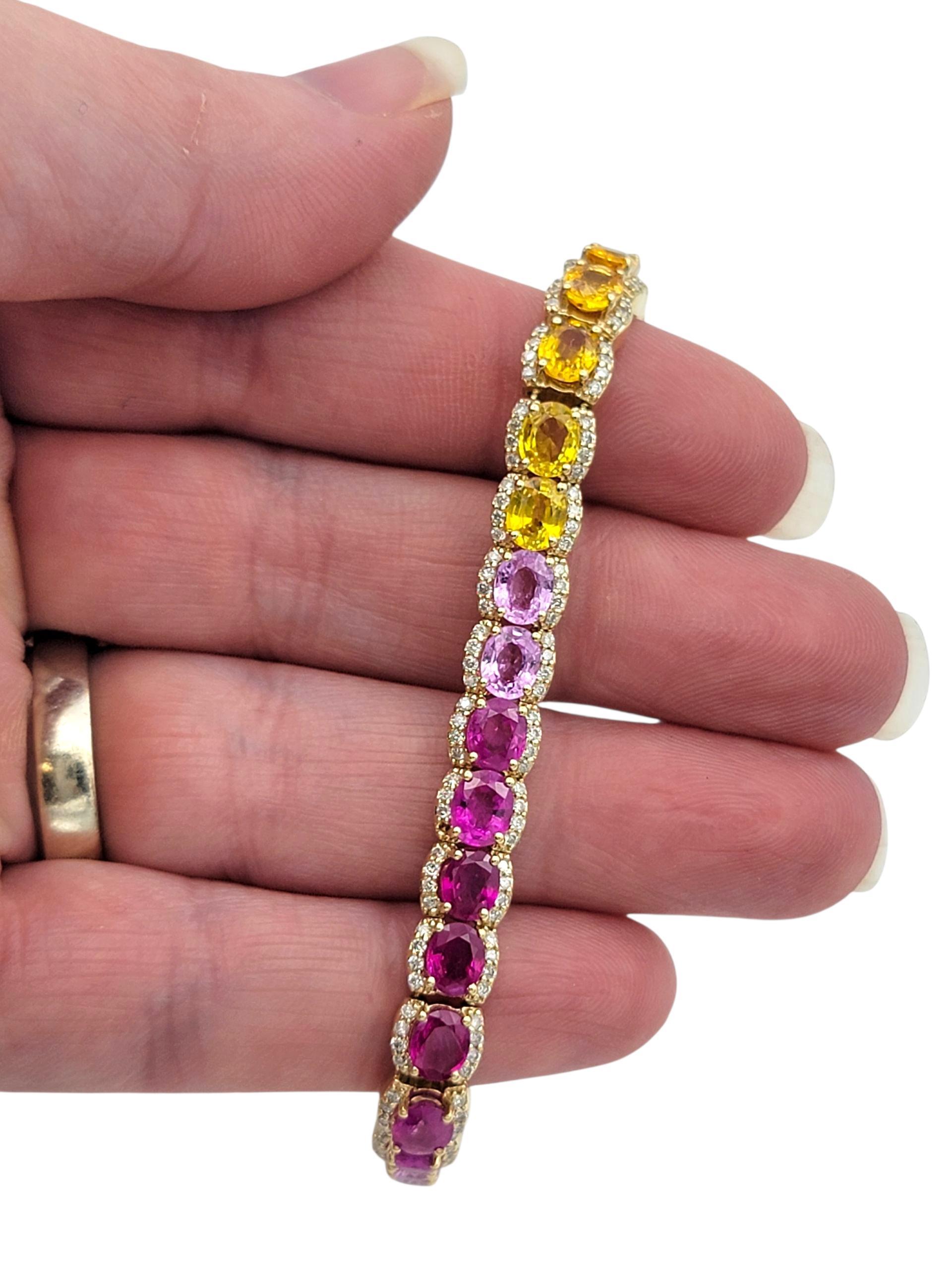 Rainbow Multi Color Sapphire & Diamond Halo Line Bracelet en or jaune 14 carats en vente 5