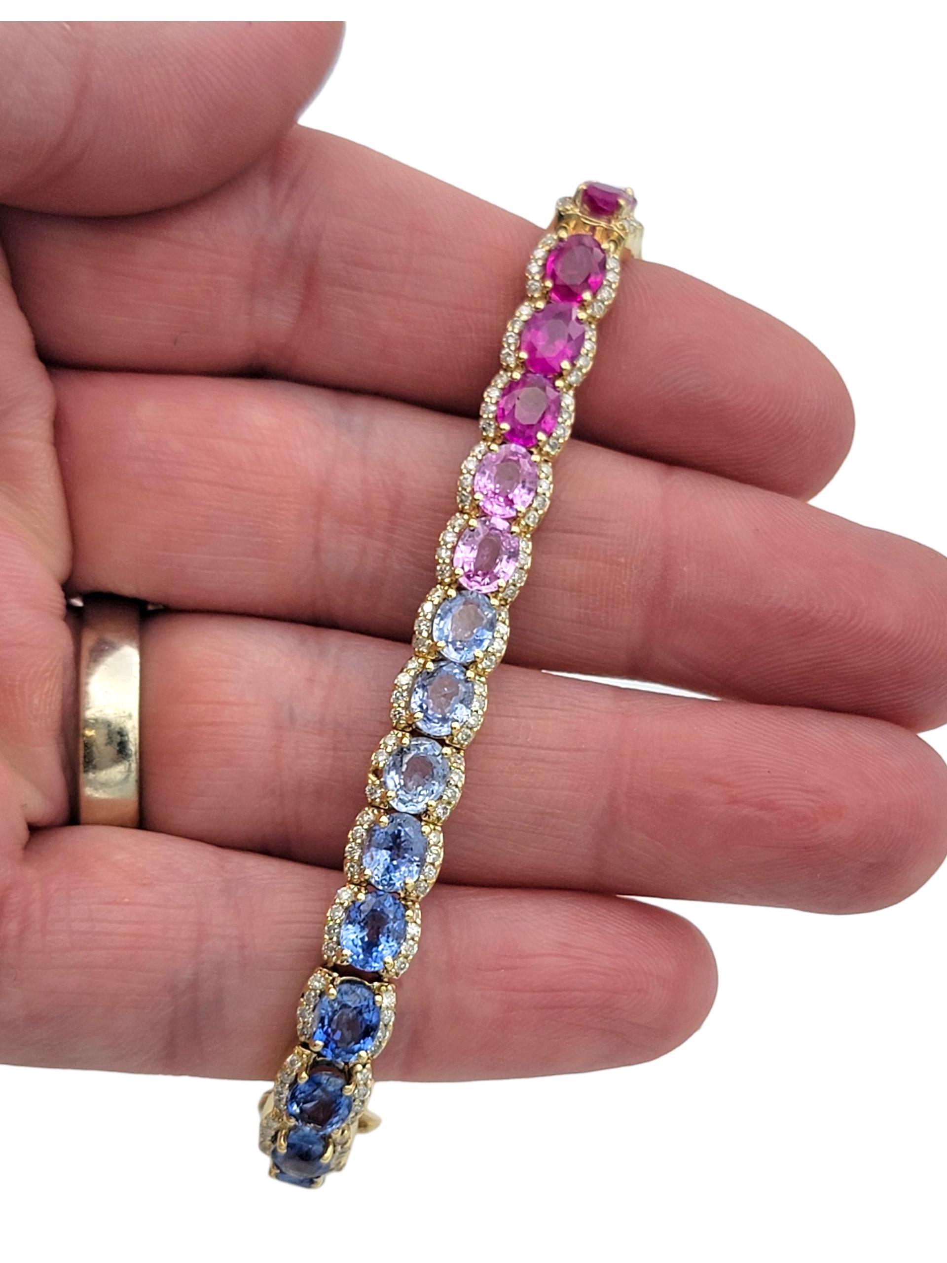 Rainbow Multi Color Sapphire & Diamond Halo Line Bracelet en or jaune 14 carats en vente 6