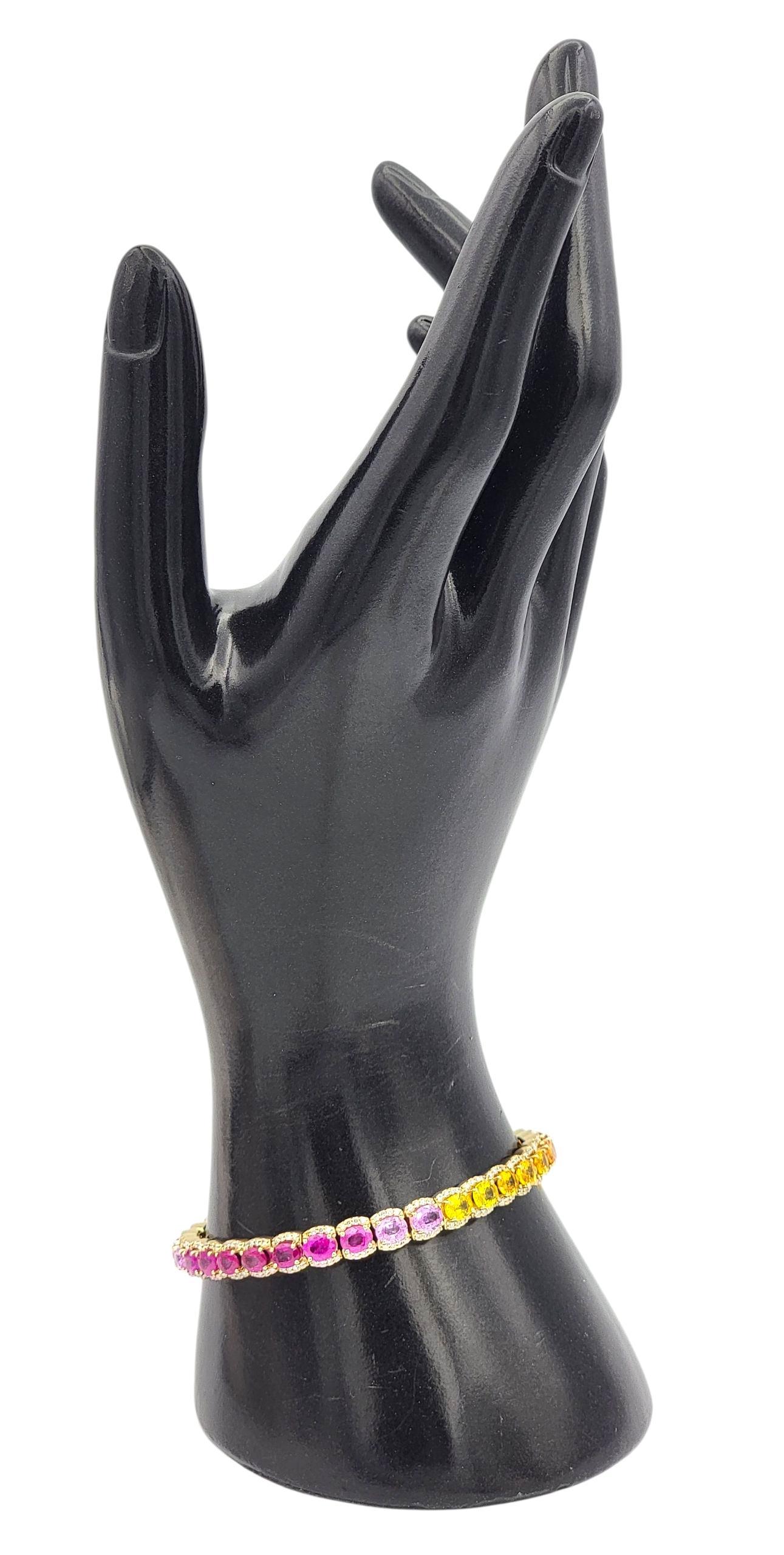 Rainbow Multi Color Sapphire & Diamond Halo Line Bracelet en or jaune 14 carats en vente 7