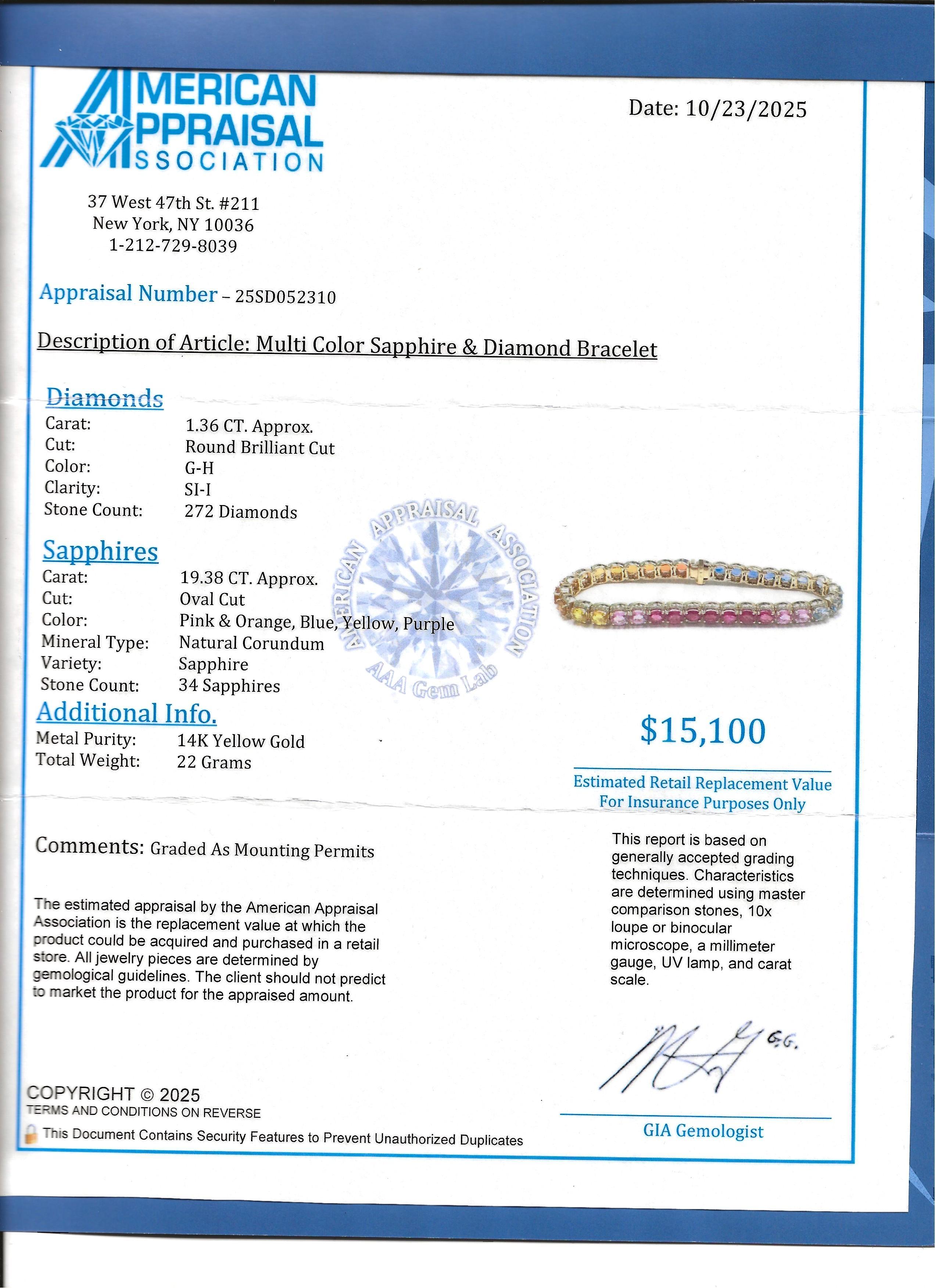 Rainbow Multi Color Sapphire & Diamond Halo Line Bracelet en or jaune 14 carats en vente 8