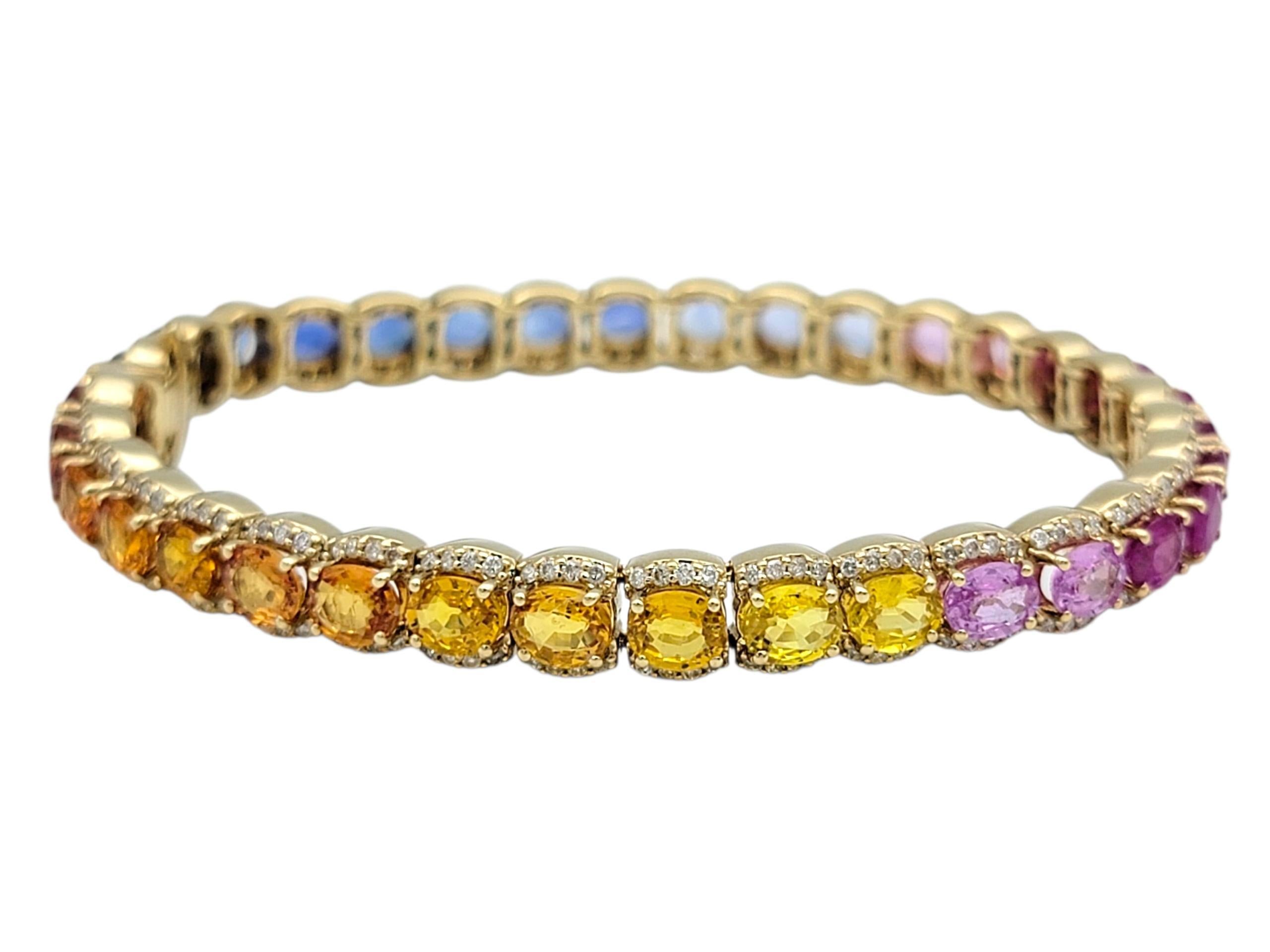 Contemporain Rainbow Multi Color Sapphire & Diamond Halo Line Bracelet en or jaune 14 carats en vente