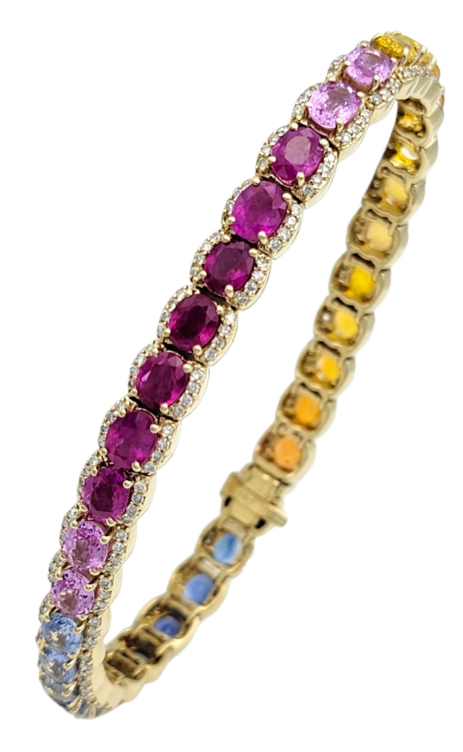 Rainbow Multi Color Sapphire & Diamond Halo Line Bracelet en or jaune 14 carats Excellent état - En vente à Scottsdale, AZ