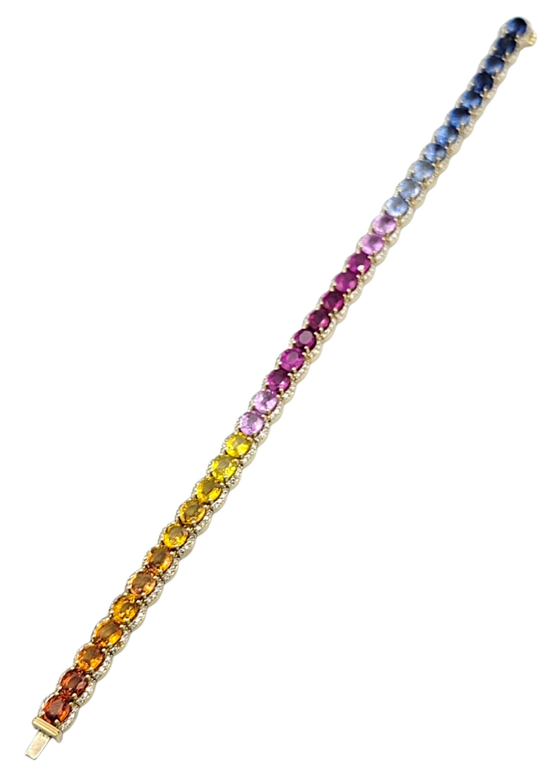 Rainbow Multi Color Sapphire & Diamond Halo Line Bracelet en or jaune 14 carats Pour femmes en vente
