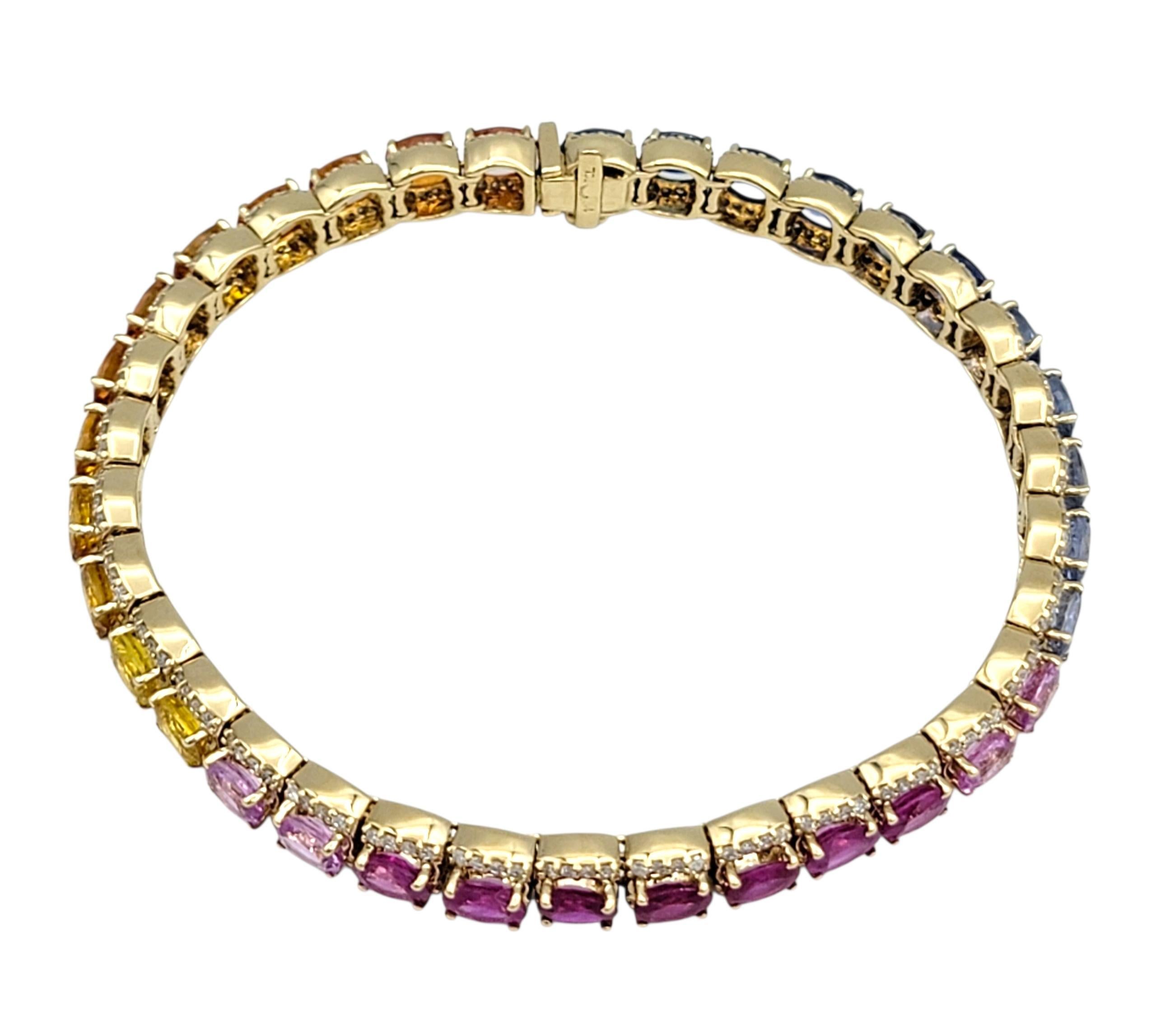 Rainbow Multi Color Sapphire & Diamond Halo Line Bracelet en or jaune 14 carats en vente 1