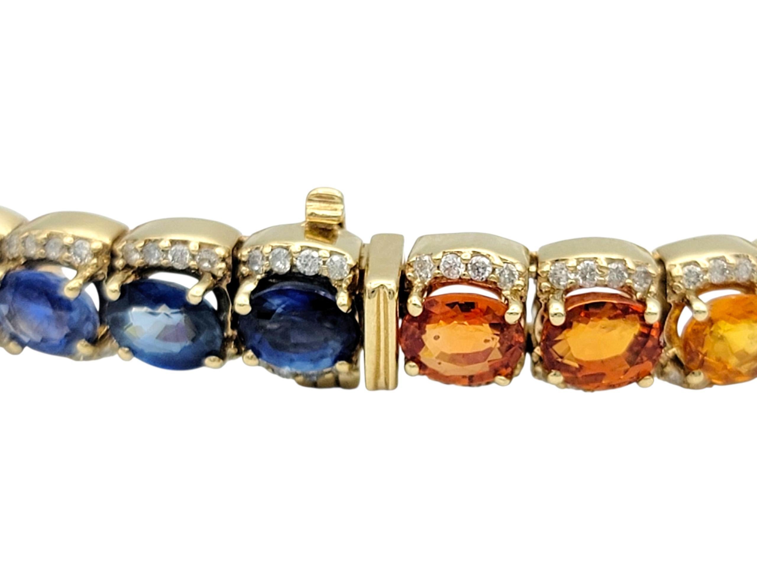 Rainbow Multi Color Sapphire & Diamond Halo Line Bracelet en or jaune 14 carats en vente 2