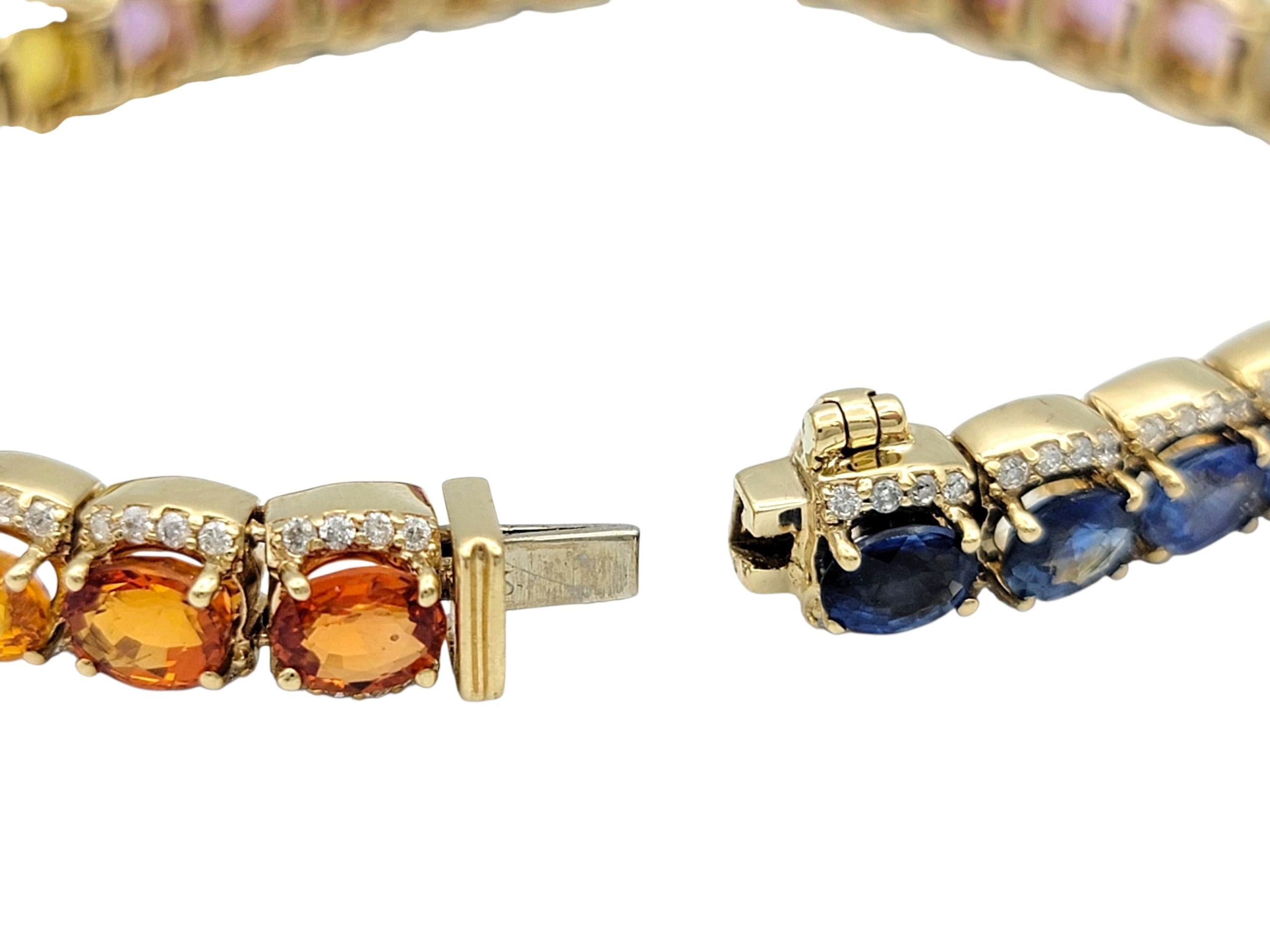 Rainbow Multi Color Sapphire & Diamond Halo Line Bracelet en or jaune 14 carats en vente 3
