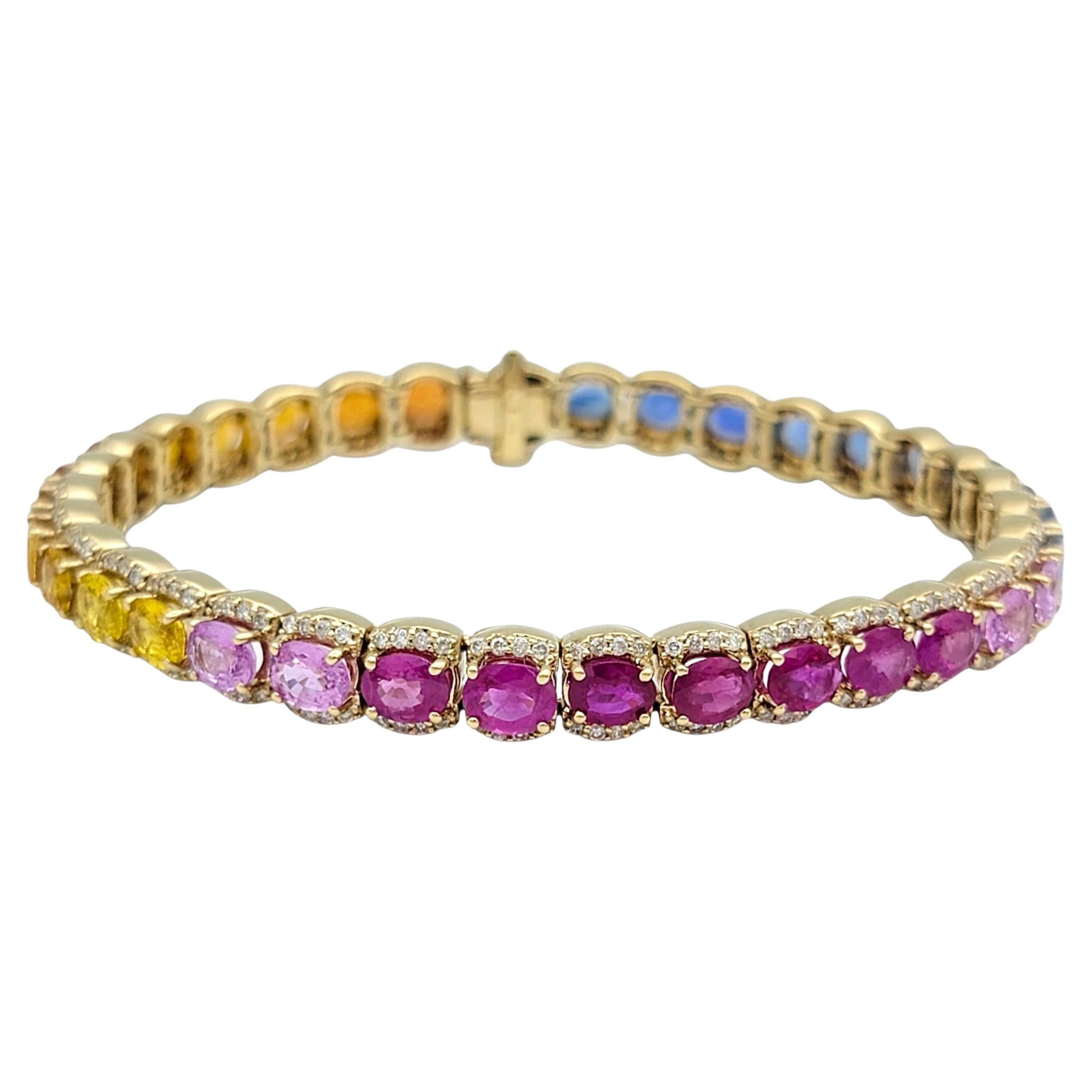 Rainbow Multi Color Sapphire & Diamond Halo Line Bracelet en or jaune 14 carats