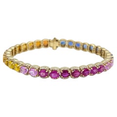 Rainbow Multi Color Sapphire & Diamond Halo Line Bracelet 14 Karat Yellow Gold