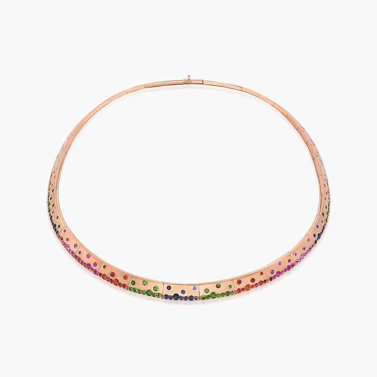 Mixed Cut Rainbow Multi-Color Sapphire Green Garnet & Diamond Rose Gold Armor Bib Necklace For Sale