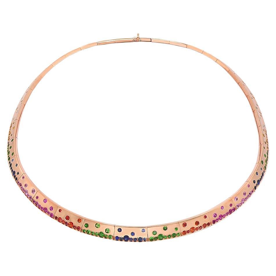 Rainbow Multi-Color Sapphire Green Garnet & Diamond Rose Gold Armor Bib Necklace For Sale