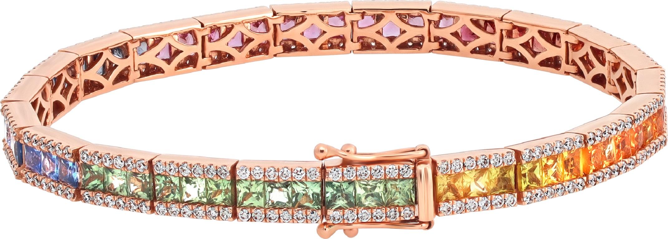 Rainbow multi colored princess cut sapphire and diamond bracelet in 18k rose gold with 66 multi colored sapphires (9.17 carats) and round cut, G-H color, VS clarity diamonds total approx. weight: 1.77 carats. 7 inches long.