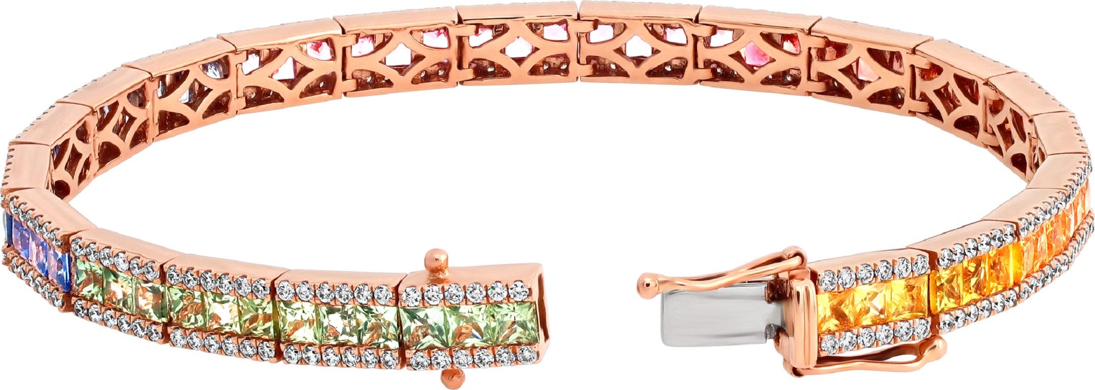 Rainbow Multi-Colored Princess Cut Sapphire & Diamond Rose Gold Bracelet In Excellent Condition For Sale In Surfside, FL