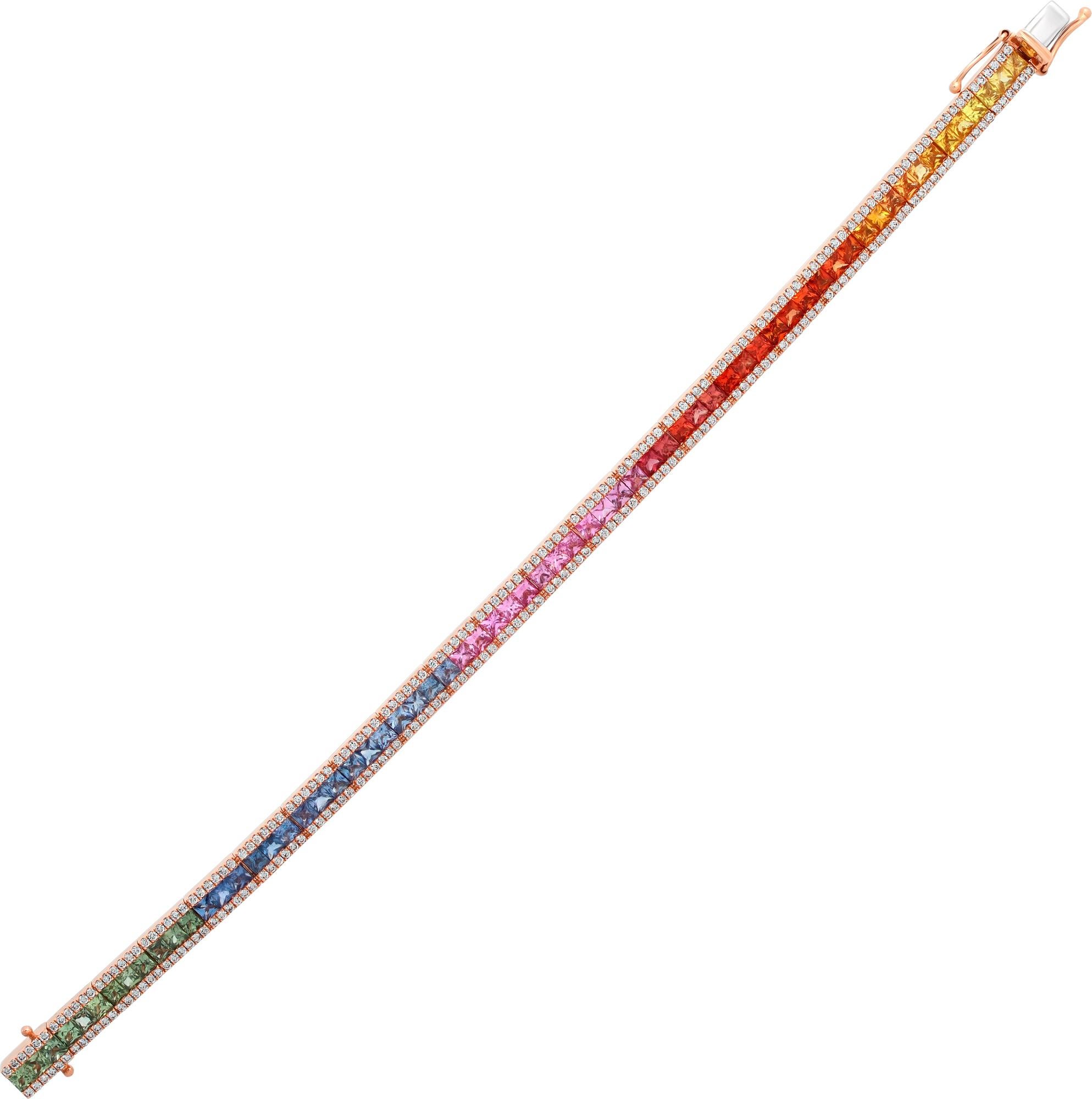Women's or Men's Rainbow Multi-Colored Princess Cut Sapphire & Diamond Rose Gold Bracelet For Sale