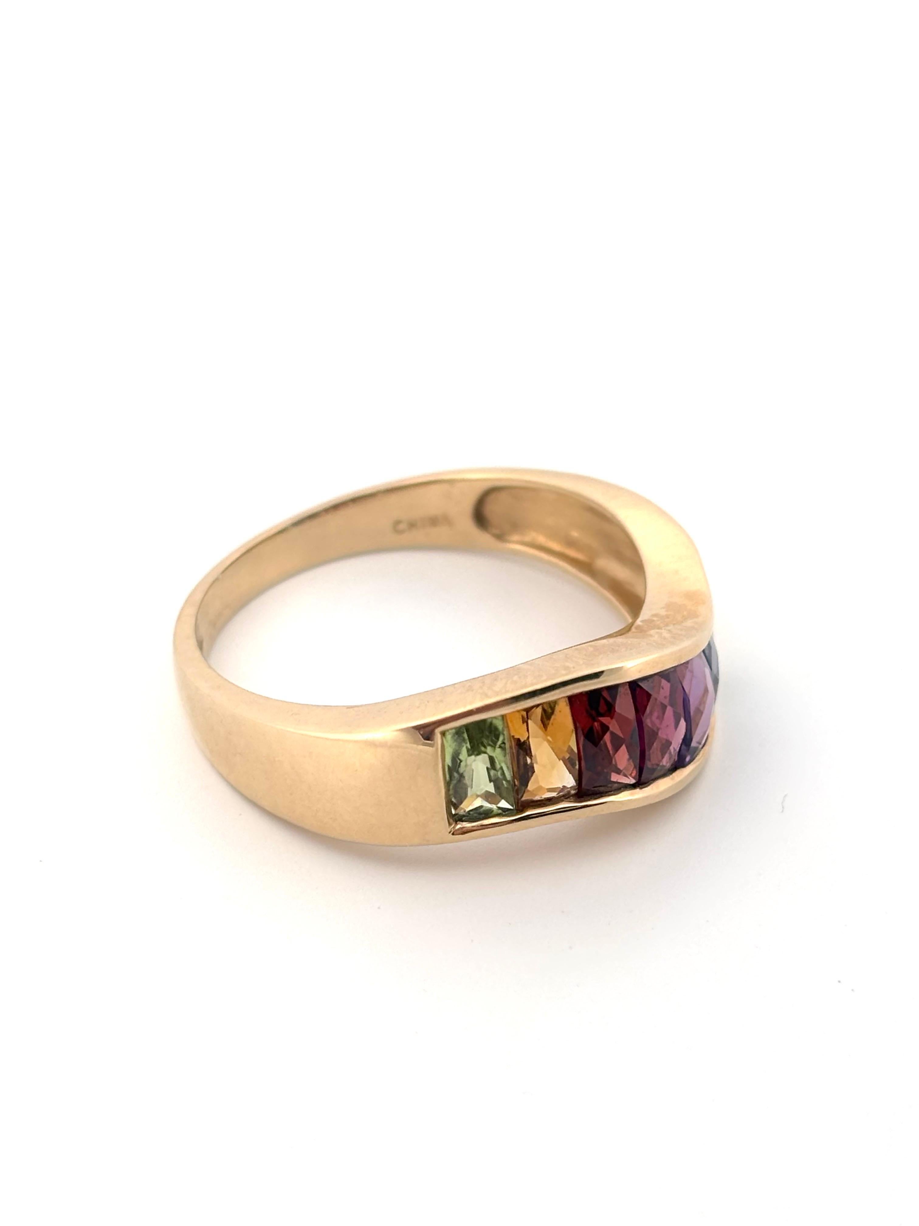 da uomo o donna Anello a fascia in oro giallo 14 carati multicolore con arcobaleno e semi preziosi in vendita