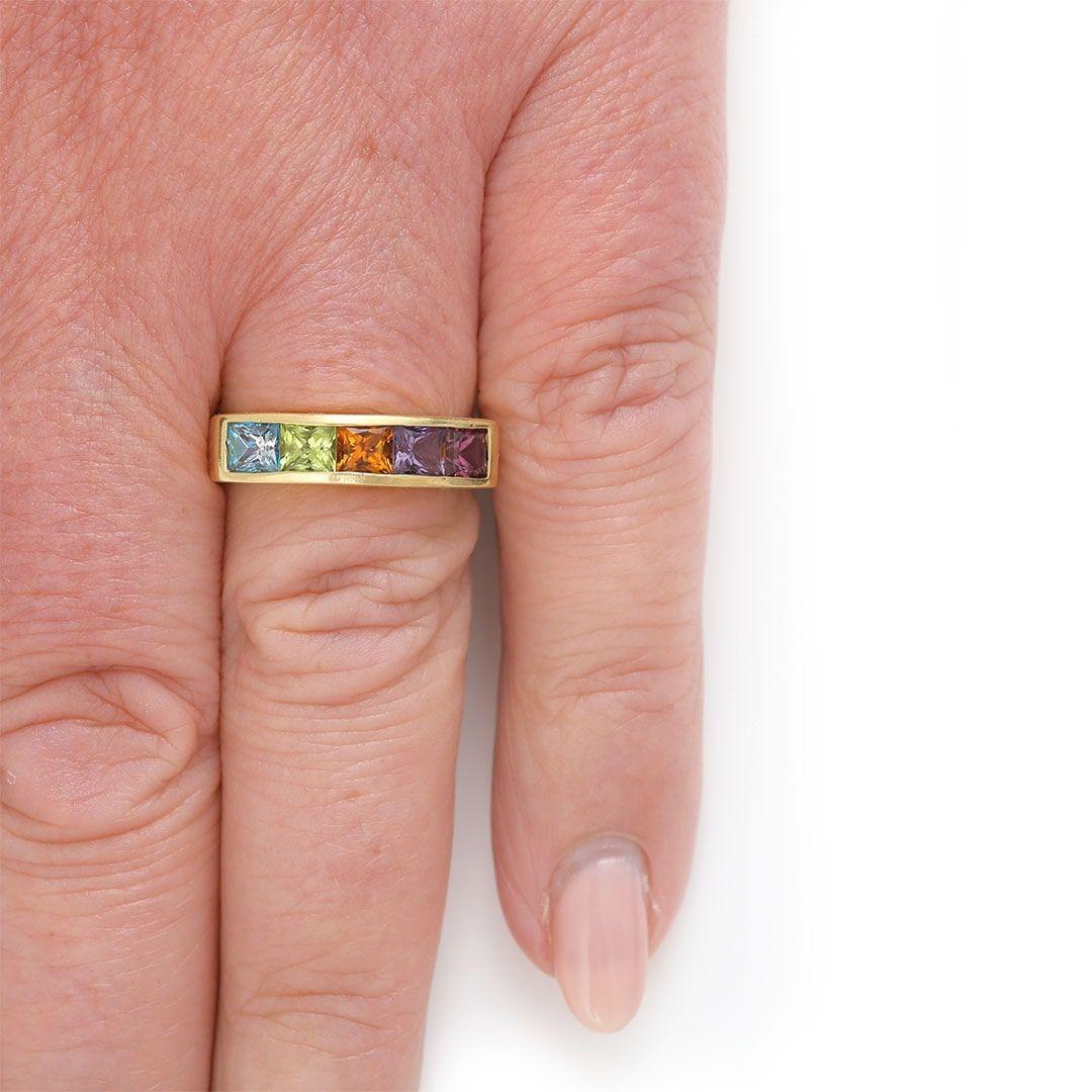 Regenbogen-Ring aus 18 Karat Gold mit mehrfarbigem Multi-Gem mit Peridot, Diamant, Topas und mehr im Angebot 6