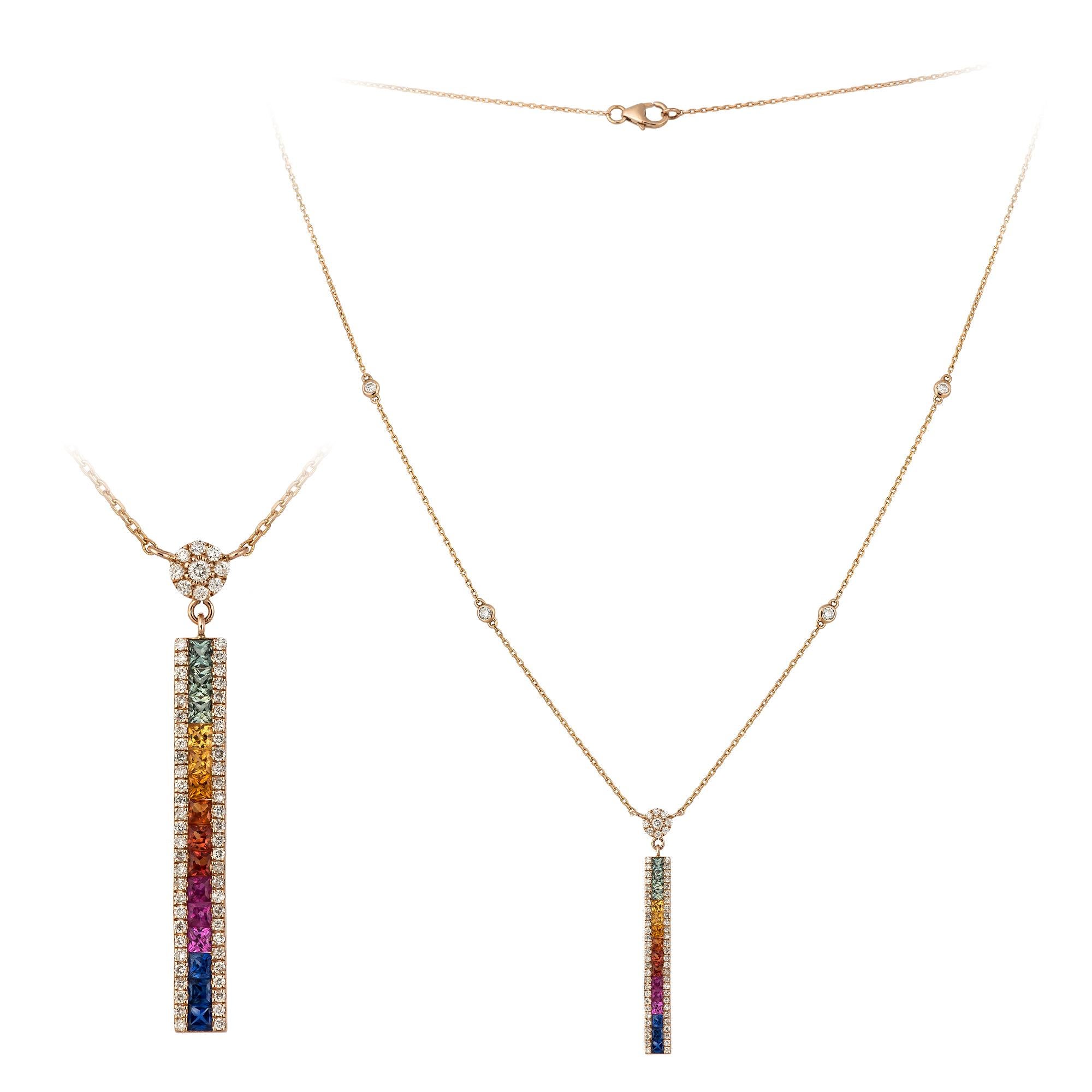 Rainbow Multi Sapphire 18k Diamonds Rose Gold Necklace for Her For Sale