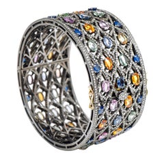 Rainbow Multi-Sapphire and Diamond Bangle in Art-Deco Victorian Style