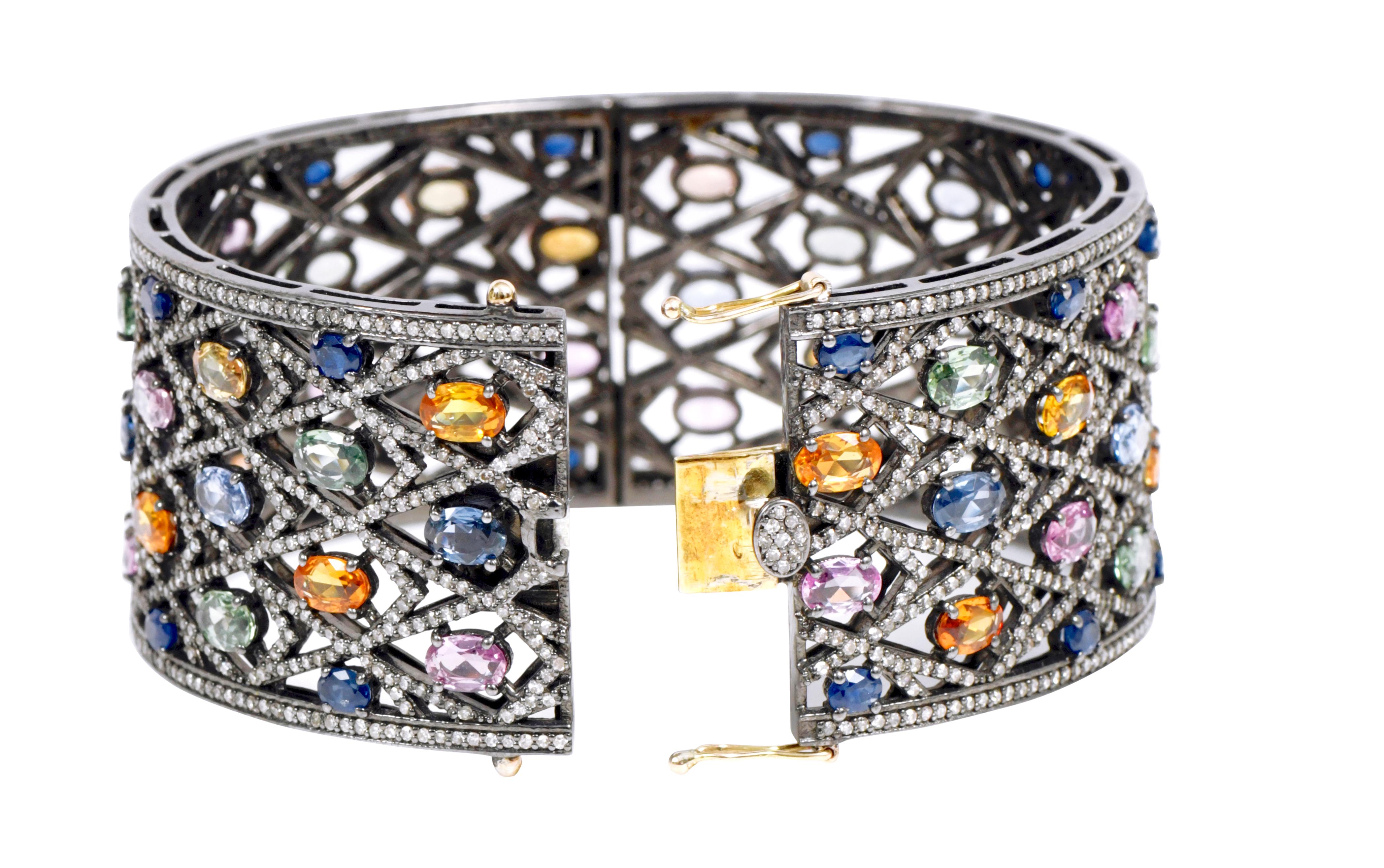 Oval Cut Rainbow Multi-Sapphire and Diamond Bangle in Art-Deco Victorian Style For Sale