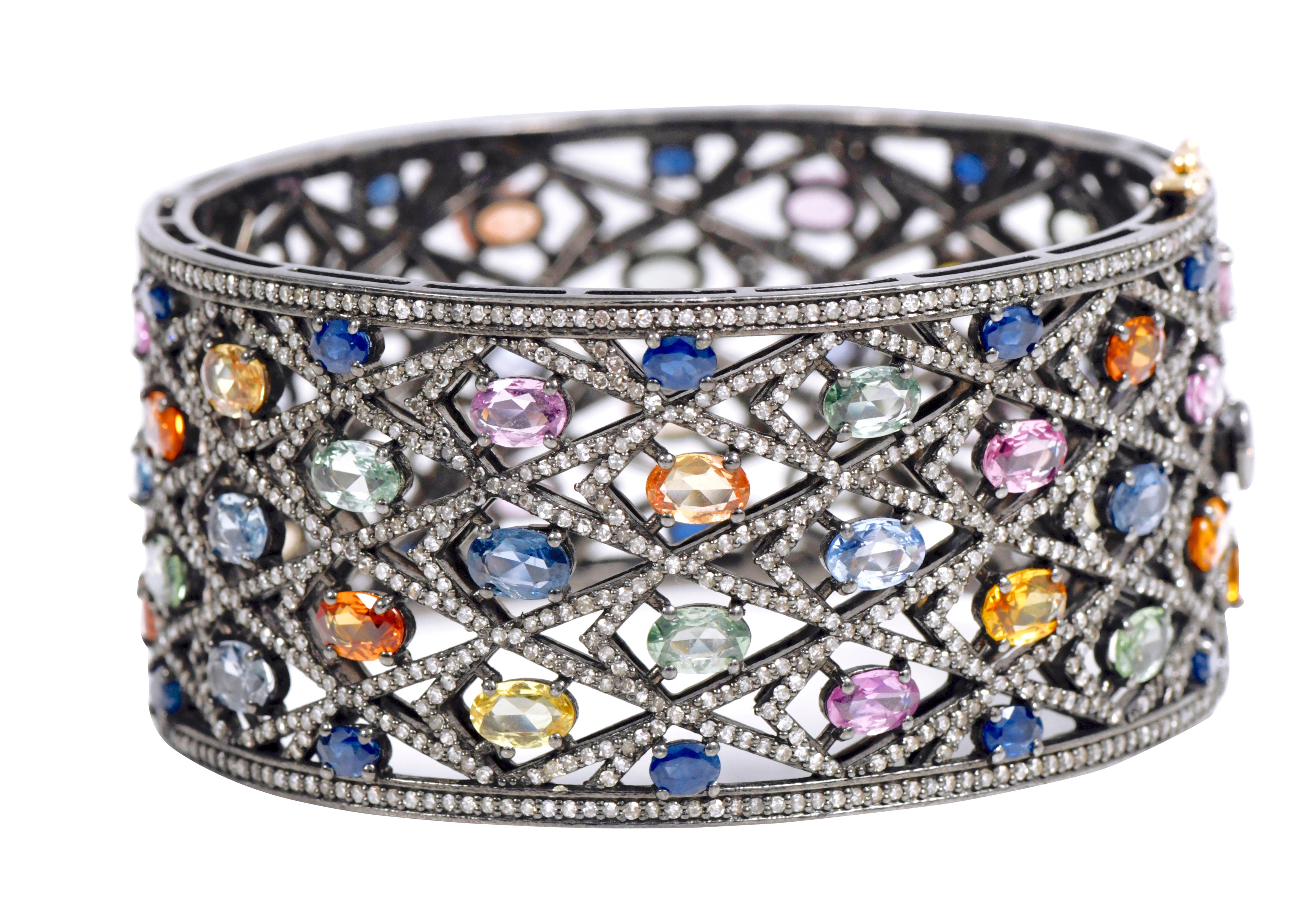 Rainbow Multi-Sapphire and Diamond Bangle in Art-Deco Victorian Style In New Condition For Sale In Jaipur, IN