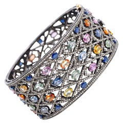 Rainbow Multi-Sapphire and Diamond Bangle in Art-Deco Victorian Style