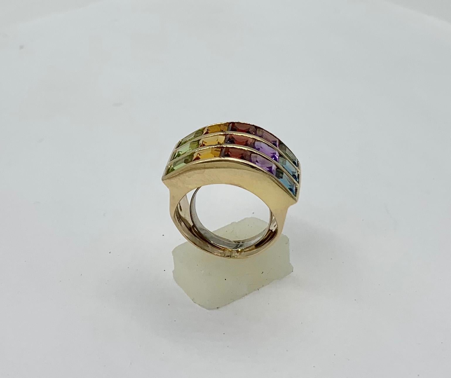 Rainbow Multigem Ring Peridot Citrine Garnet Amethyst Topaz 14 Karat Gold Retro 4