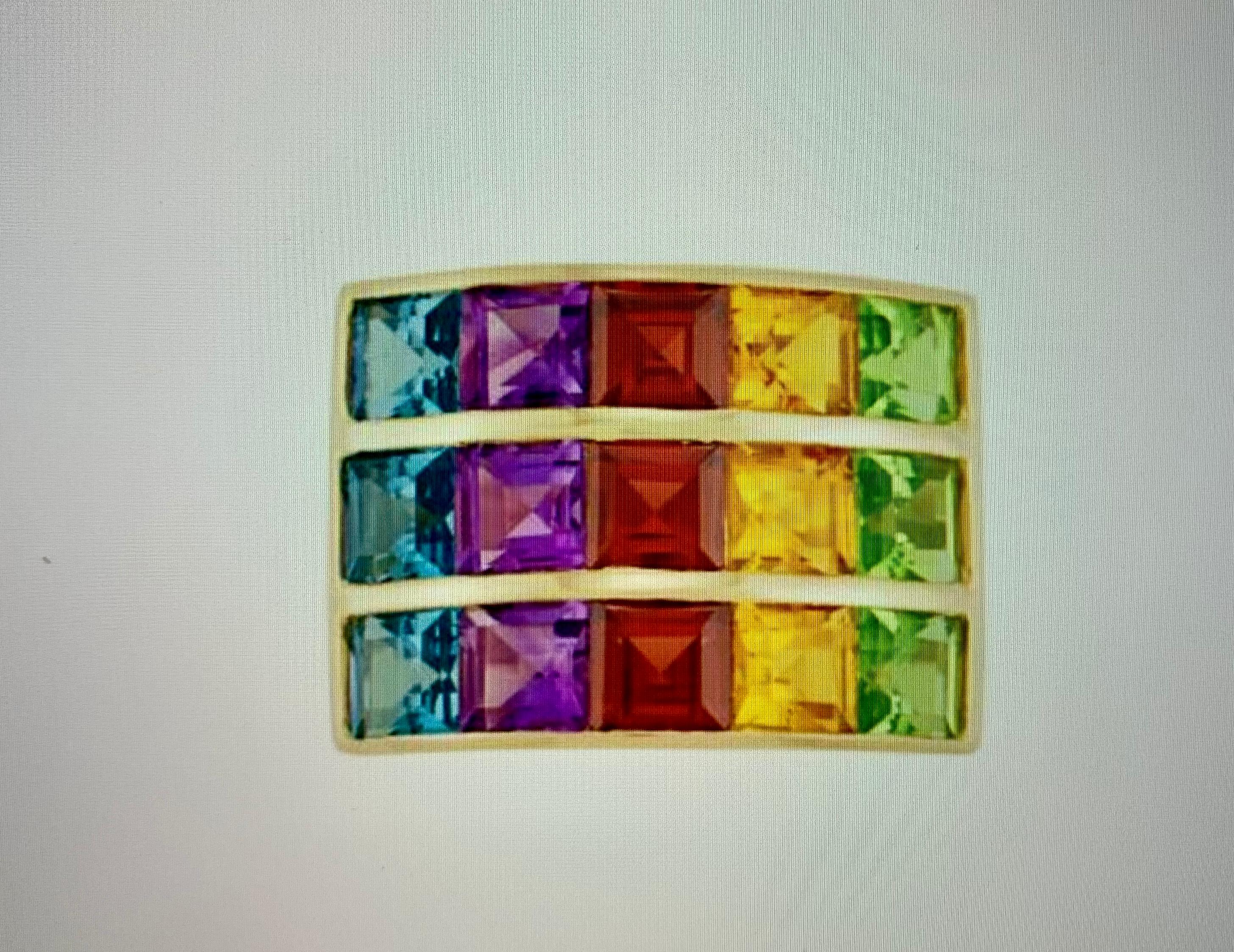 Square Cut Rainbow Multigem Ring Peridot Citrine Garnet Amethyst Topaz 14 Karat Gold Retro