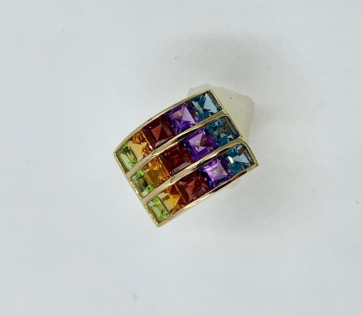 Rainbow Multigem Ring Peridot Citrine Garnet Amethyst Topaz 14 Karat Gold Retro In Good Condition In New York, NY