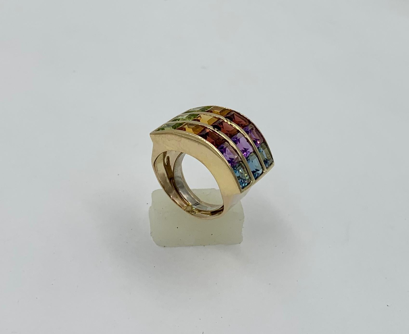 Rainbow Multigem Ring Peridot Citrine Garnet Amethyst Topaz 14 Karat Gold Retro 1