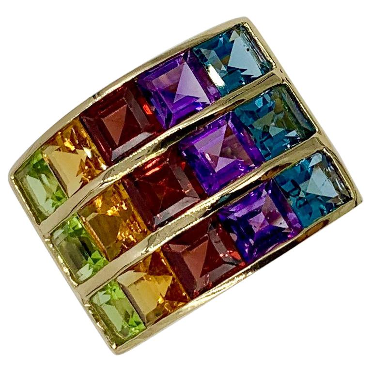 Rainbow Multigem Ring Peridot Citrine Garnet Amethyst Topaz 14 Karat Gold Retro