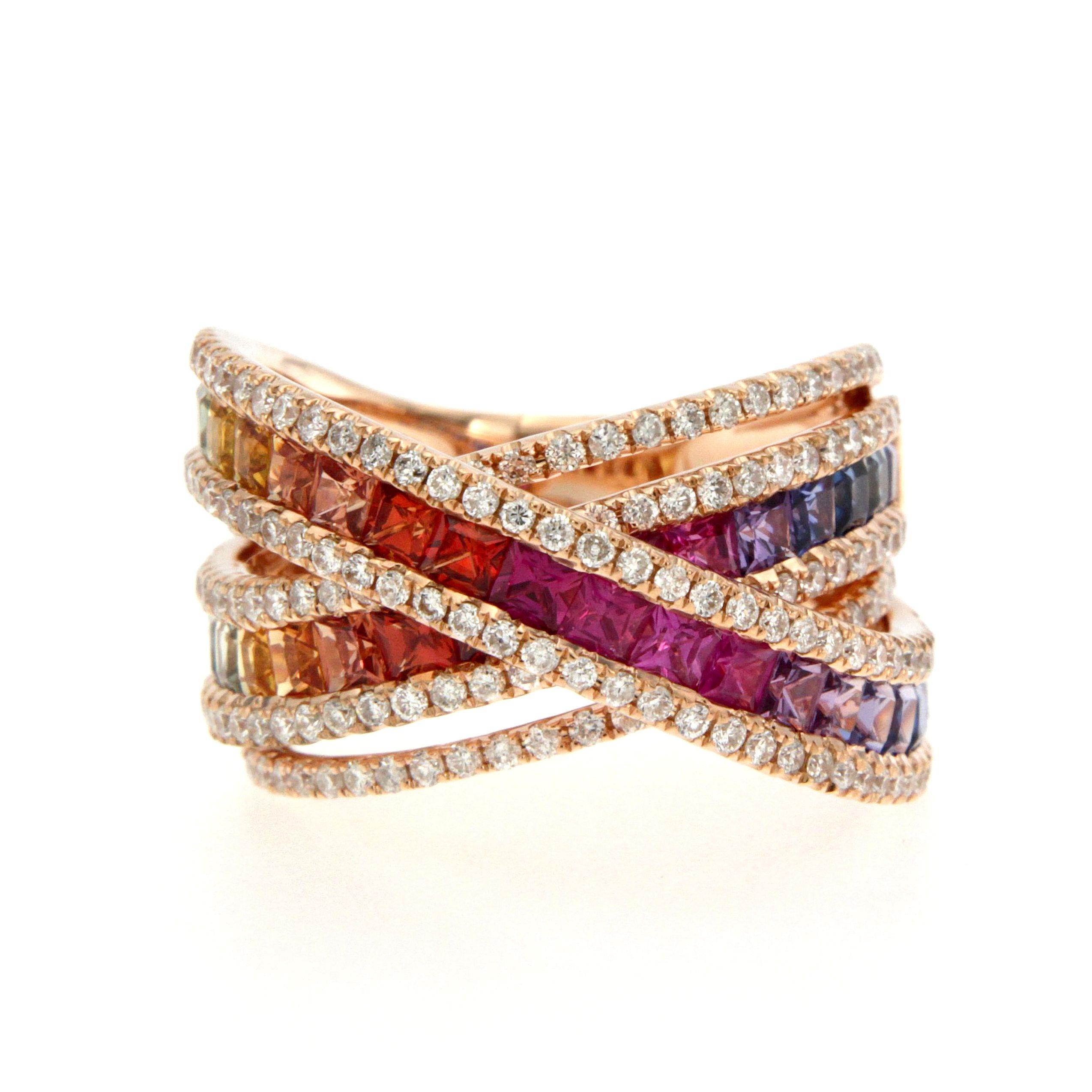 RING 18K Rose Gold Diamond 0.81 Cts/184 Pcs Multi Sapphire 2.35 Cts/37 Pcs