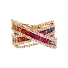 Rainbow Multisapphire Diamond Rose Gold 18k Band Ring for Her