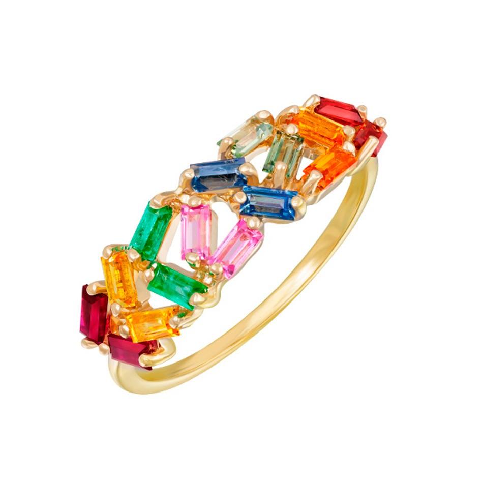 Moderno Orecchini Rainbow Multistone in oro rosa, giallo, zaffiro, rubino, smeraldo, con chiusura a leva in vendita